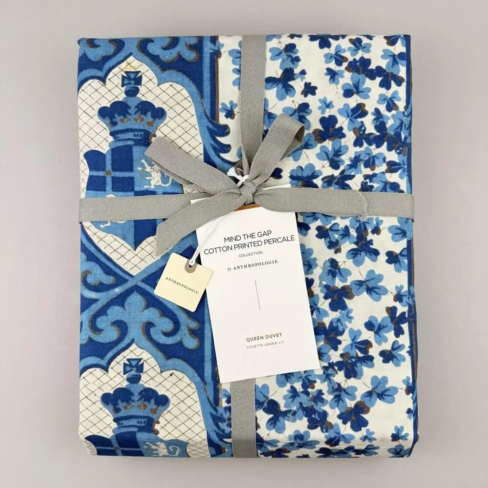 Anthropologie Mind The Gap Duvet Cover QUEEN Blue Cotton Floral Horses New